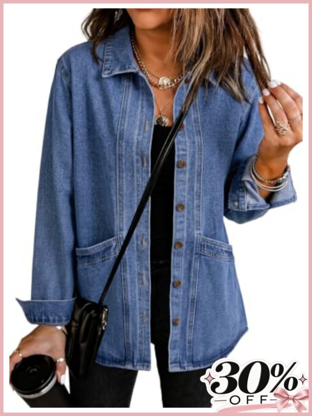 Oversized Denim Jacket Button Down Shirt Jacket Cotton Blend Patch Pockets